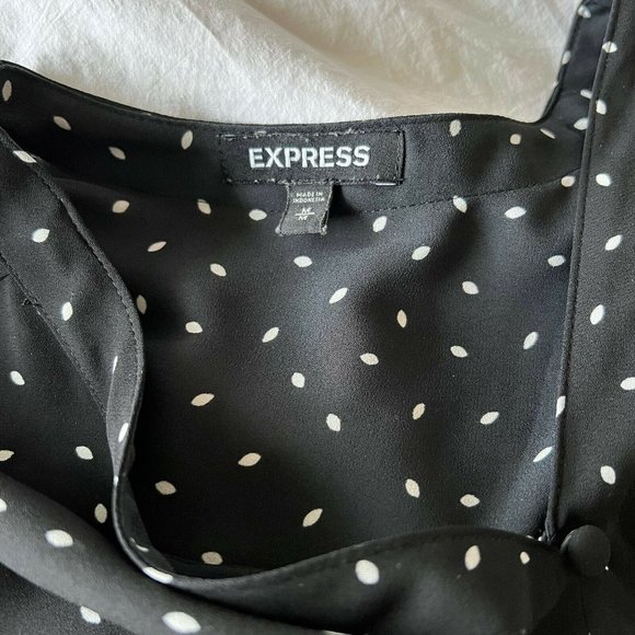 Express Black Long Sleeve Blouse Polka Dots White Leaves Size Medium - Picture 3 of 4